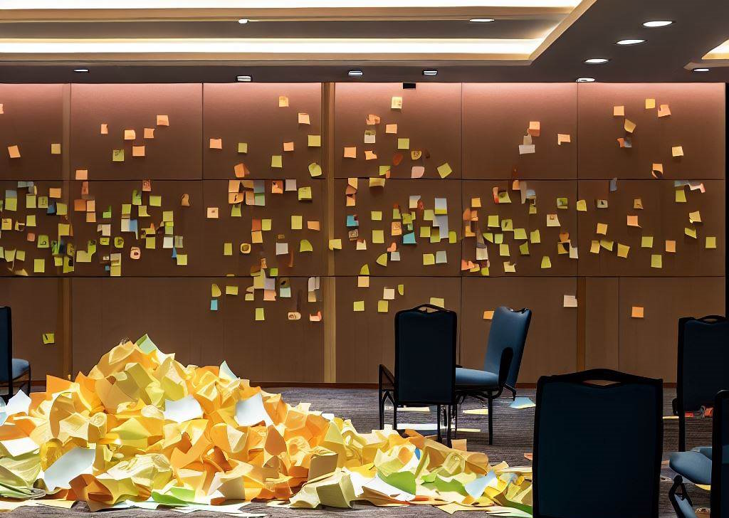 Wall with sticky notes and pile of crumpled paper